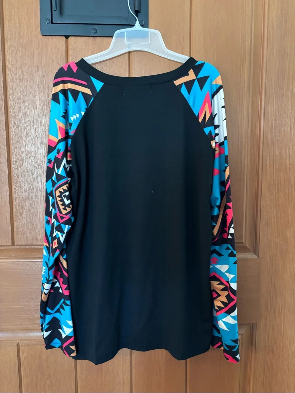 Black V-Neck Pullover with Multicolor Aztec Raglan Sleeves